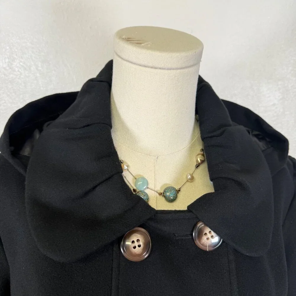 PINK ENVELOPE Womens Long Sleeve Button Front PeaCoat Jacket Black Hooded - Picture 5 of 13